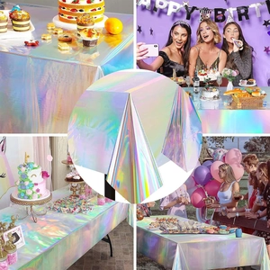 Collage of holographic laser table cloths for parties showing iridescent reflections