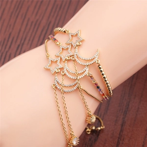 Gold Plated Copper Star And Moon Adjustable Bracelet With Cubic Zirconia Micro Paved For Women Elegant Jewelry