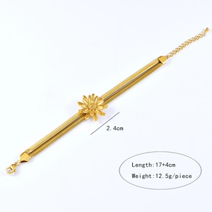 Close-up of golden double snake chain bracelet with sun flower pendant and measurements