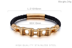 Maßangaben für Herren Fahrradkette Armband aus Edelstahl und schwarzem Leder