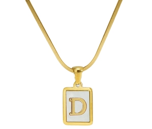 Detail of 18K gold snake chain with square white shell pendant featuring the letter D