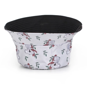Detail of reversible bucket hat showing cute koala print and plain black interior side