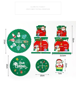 Detailed components of a three-tier Christmas cupcake stand with festive cartoon patterns
