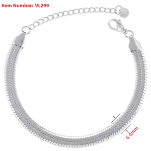 Detail view of a 6.4mm wide polished silver herringbone flat chain with lobster clasp