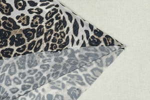 Close-up of leopard print fabric texture showing the detailed leopard pattern weave