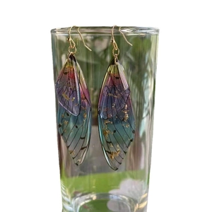 Gradient cicada wing earrings with gold leaf accents and purple-blue hooks