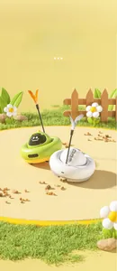Detail view of smart UFO cat feeder with colorful feather toy on indoor grass background