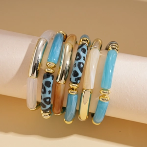 Three-piece set of Bohemian acrylic marble bracelets with elastic cords and gold metal beads
