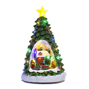 LED Christmas tree music box with miniature village and moving train decoration