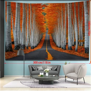 Detail view of 300x180cm autumn birch forest wall tapestry with size specifications