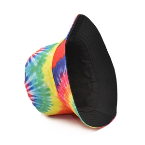 Detail of vibrant rainbow tie-dye bucket hat showing reversible black inner lining