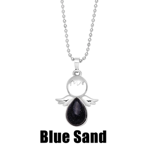 Close-up of angel pendant featuring blue sand stone on a silver beaded chain