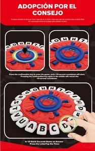 Detail of English letter word game spinner showing alphabet buttons and digital timer