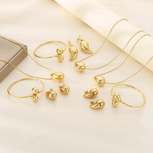 Polished gold stainless steel teardrop jewelry set including necklace and earrings