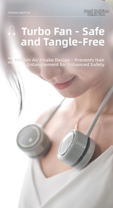 Close-up of a neck fan with a hidden air inlet design to prevent hair tangling