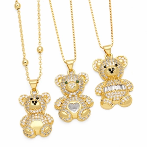 Bear Pendant Necklace Copper Gold Plated Full Cubic Zirconia Inlaid Heart Stone Jewelry For Women