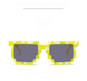 Front view detail of yellow and white checkered pixelated mosaic style sunglasses