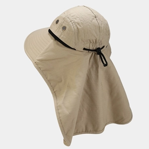 Khaki outdoor sun hat with neck flap and breathable mesh holes for men and women