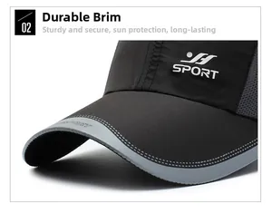 Detail of breathable mesh fabric and durable curved brim on a black sport baseball cap