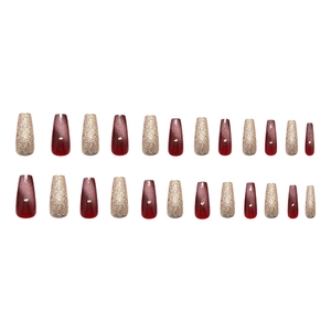24pcs long coffin press-on nails featuring burgundy cat eye and gold glitter accents