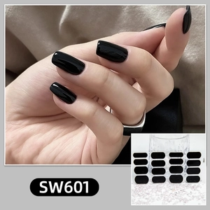 Solid gloss black gel nail stickers with a sleek mirror finish for manicures