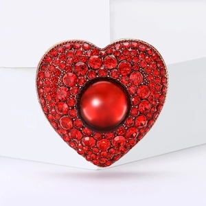 Elegant red heart brooch with crystals and pearl on a golden base for women