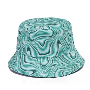 Double-sided sun protection bucket hat with green tie-dye marble pattern for women