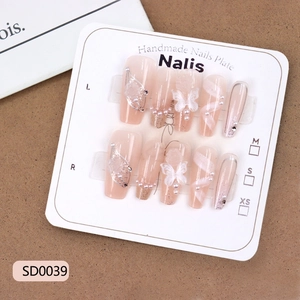 Pink gradient long trapezoid press-on nails with 3D white butterflies and pearls