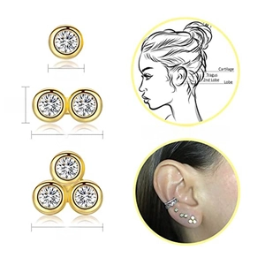 Detailed view of 3mm and 6mm gold stud earring set with tragus and cartilage sizing