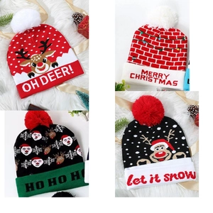 Christmas Knitted Beanie Hat Acrylic Reindeer Santa Claus Snowflake Pattern Warm Winter Festive Party Pom Pom Folded Brim