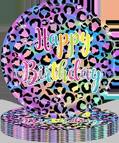 Detailansicht von Regenbogen Leopard Papptellern mit Happy Birthday Aufdruck für Partys