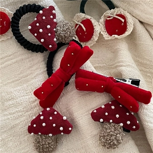 Cute velvet strawberry and mushroom hair clips and ties set with white pearls for girls