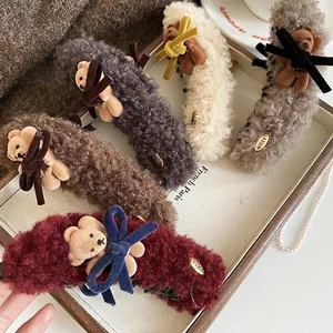 Teddy Bear Plush Hair Clip Acrylic Faux Fur Hair Claw Cute Velvet Bow Winter Hair Accessory For Women