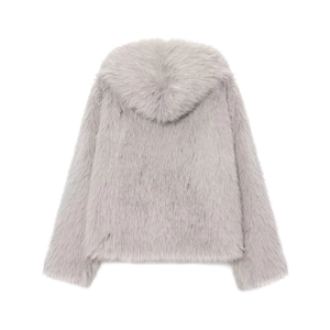 Rear view of grey faux fur hooded jacket showing long plush texture and premium finish