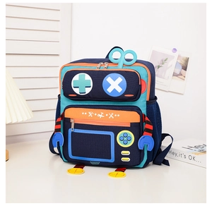 Detailed view of robot-shaped backpack with blue, cyan, and orange pockets on a desk