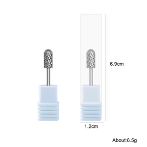 Silver cylindrical nail drill bit with fine cross-hatch texture and protective case