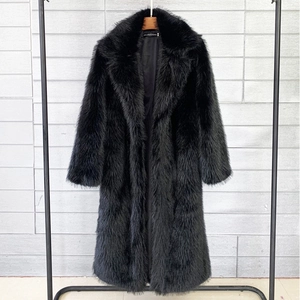 Women's long faux fur coat in black with elegant notched lapel, winter outerwear style