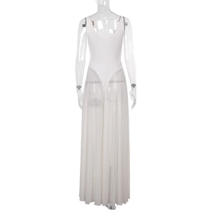 Front view of white sleeveless mesh bodysuit dress with sheer A-line skirt overlay