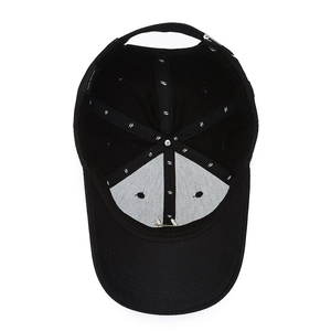 Inside view of black 100% cotton baseball cap showing high-quality stitching and H-logo tape