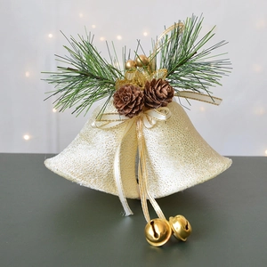 Christmas Double Bell Ornament Velvet Fabric Pine Needles Natural Pine Cone Ribbon Bow Glittery Hanging Decoration Holiday Party