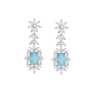 Close-up of Paraiba blue emerald-cut drop earrings with sparkling marquise zirconia