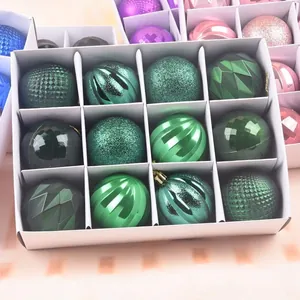 12-pack of green shatterproof Christmas balls with glitter and matte textures in display box