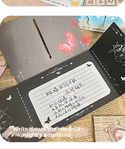Detail of retro 3D butterfly greeting card with vintage newspaper background aesthetic