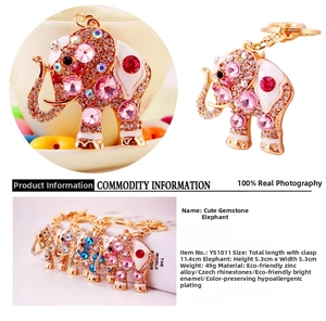 Detailed view of crystal elephant keychain dimensions and colorful rhinestone texture