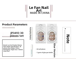 Detailed product specs of model JP3493 almond fake nails set with 30 pieces and glue