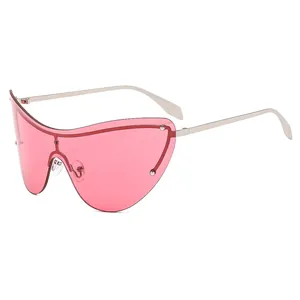 Modern rimless cat eye sunglasses with pink shield lens and silver metal temples