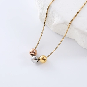 Minimalist stainless steel tricolor bead pendant necklace on a golden box chain