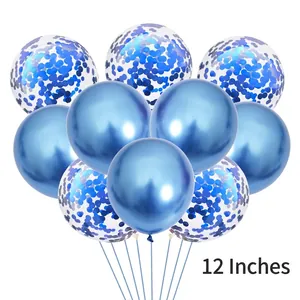 Detail of 12 inch blue metallic and transparent confetti latex balloons for party decoration