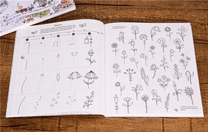 Detailed five-step floral drawing guide on open pages of Inky Wonderlands coloring book