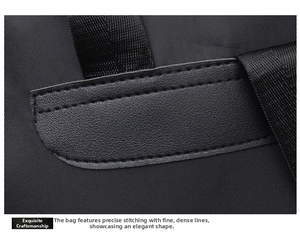 Detail of durable nylon fabric with precise stitching and black leather trim on backpack